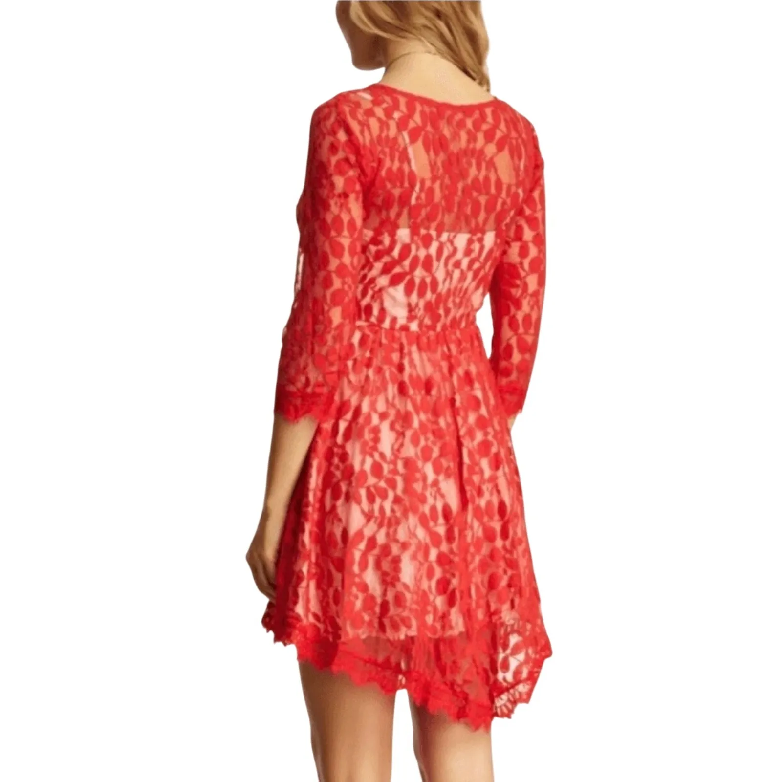 FREE PEOPLE Women’s Red Floral Lace handkerchief hem cocktail dress 8 - Image 2