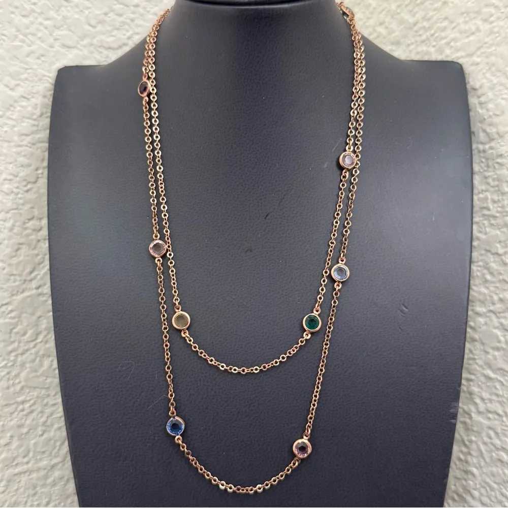 925 Italian Sterling Silver Rose Gold Multicolor Bezel CZ Station Necklace 8g. - Image 2