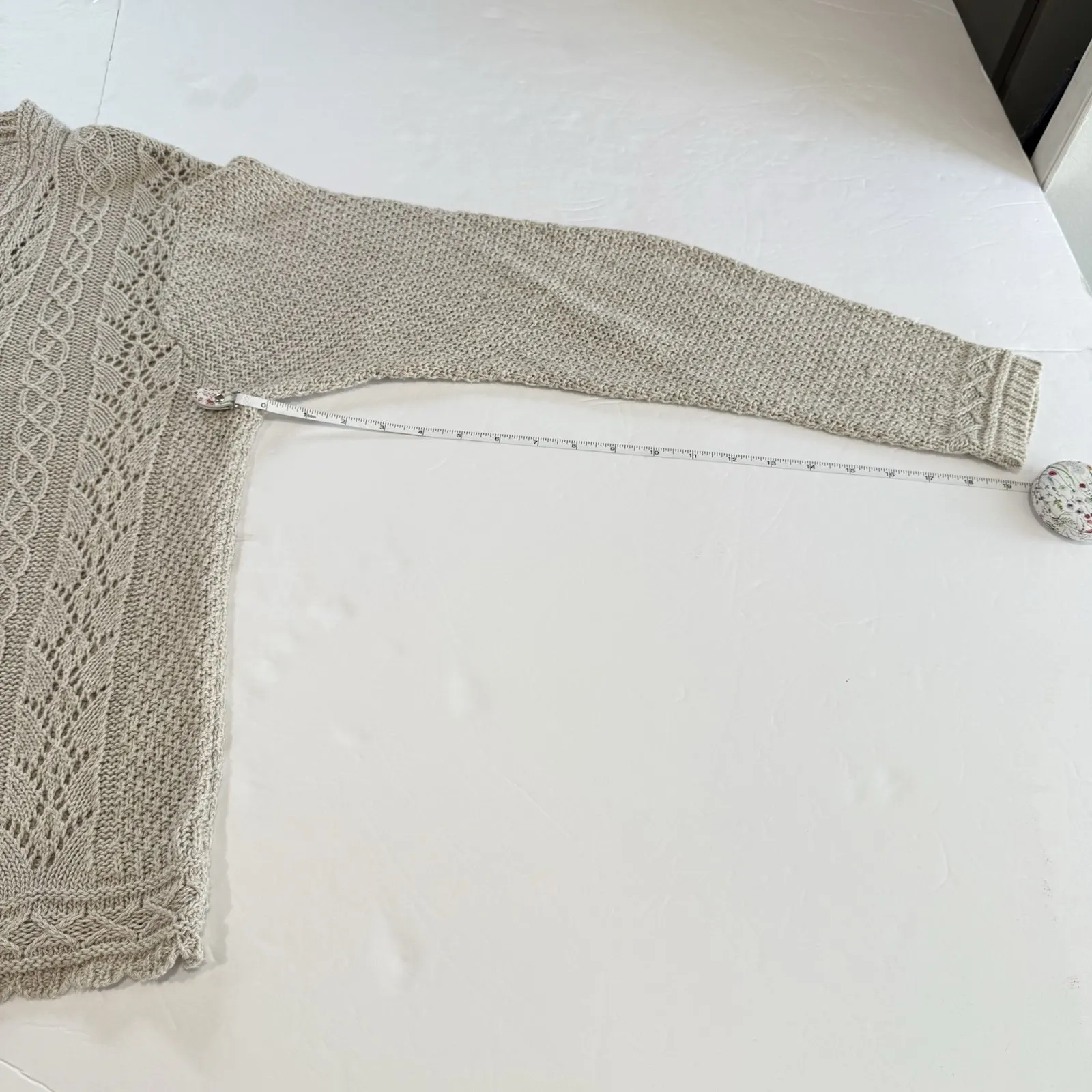 LL Bean Neutral Beige Linen Cotton Button Up Open Stitch Cardigan Sweater MEDIUM Tan - Image 9