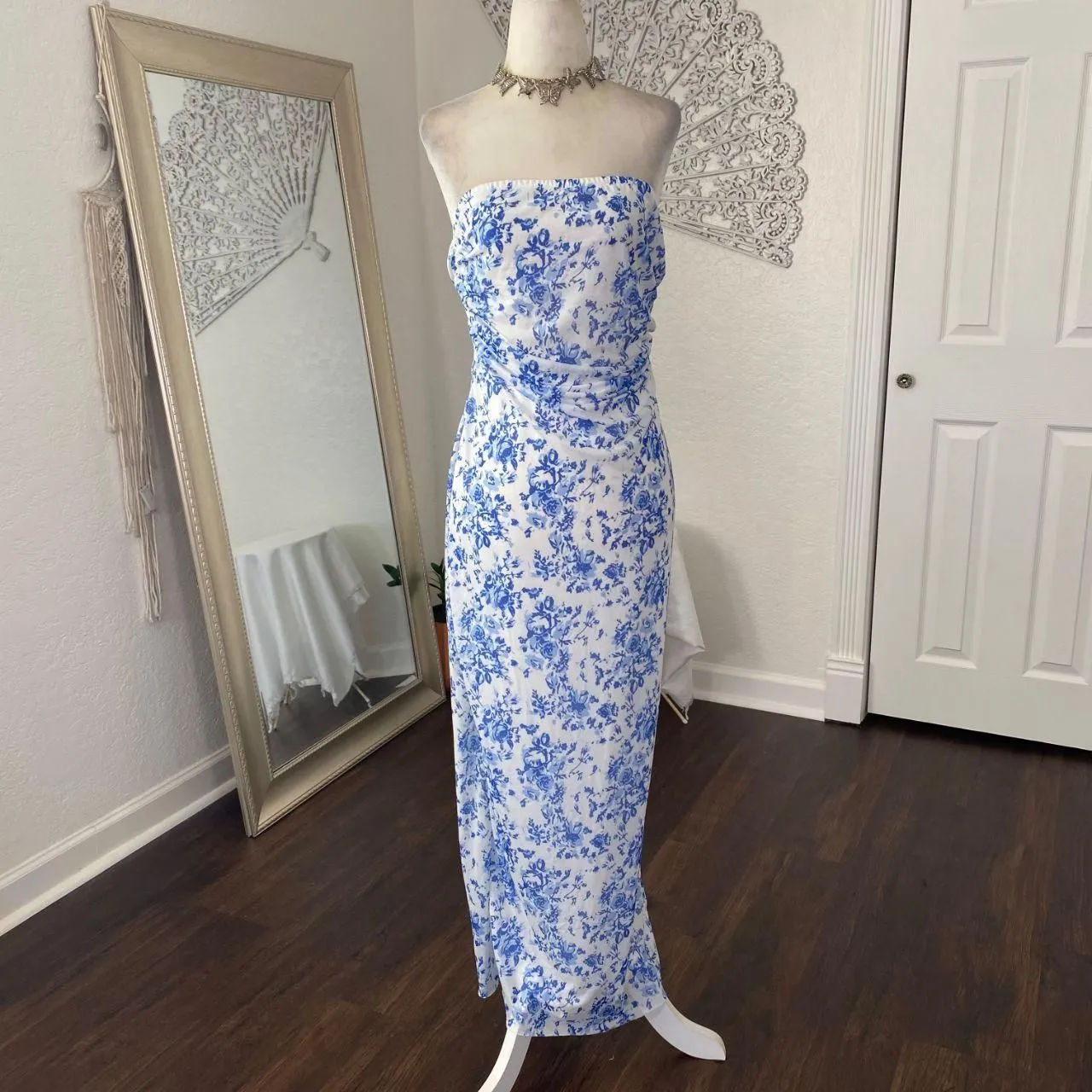 Preppy Coquette Light Blue White Bandeau Cinched Strapless Maxi Dress XL - Image 4