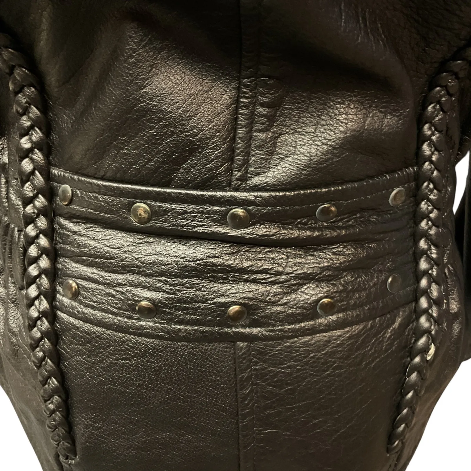 Leather King Braided Detail Sexy Fitted Black Leather Motorcycle Jacket Size S - Image 7