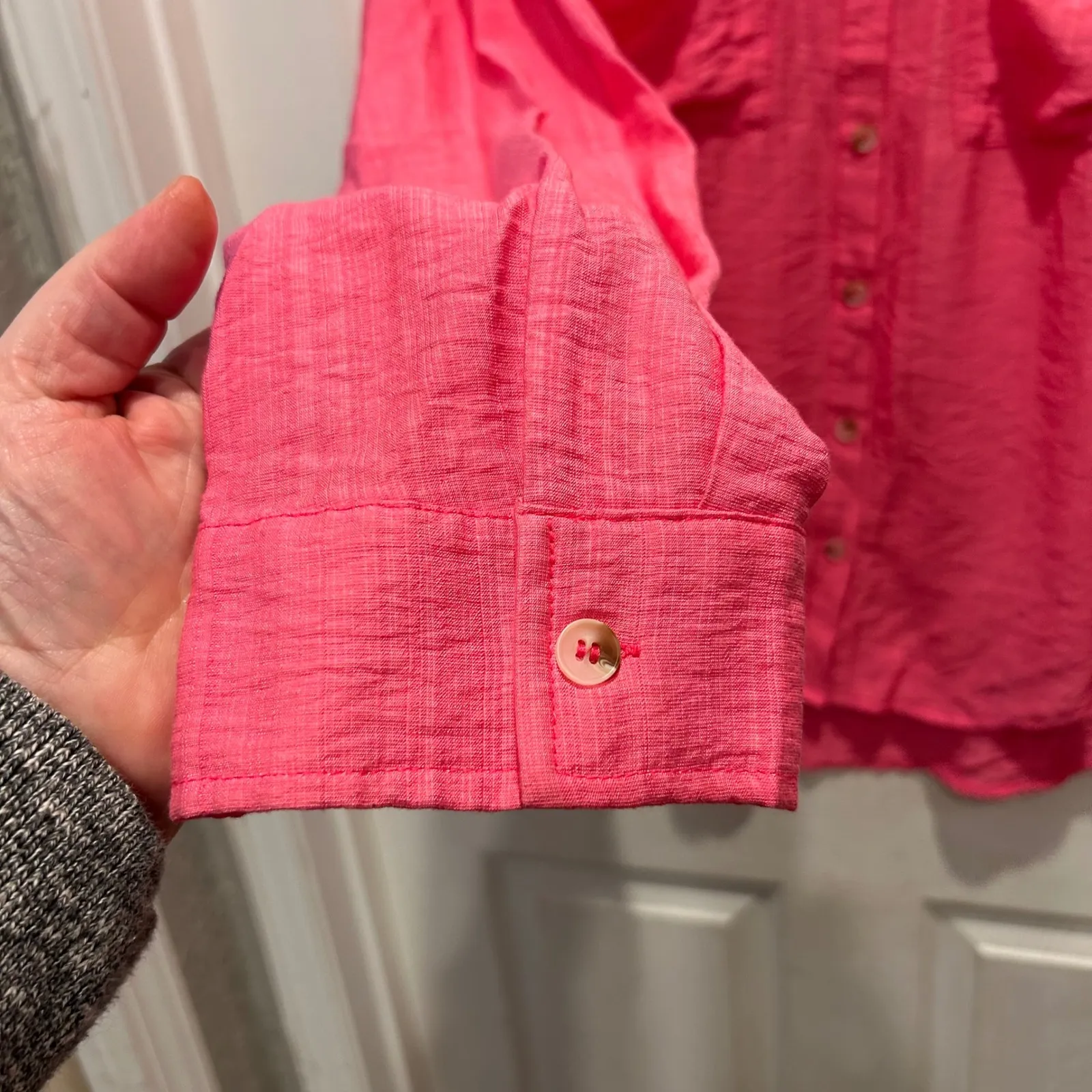 la miel Womens Pink Textured Button Up Shirt Long Sleeve Size L Beach Lagenlook Size L - Image 4