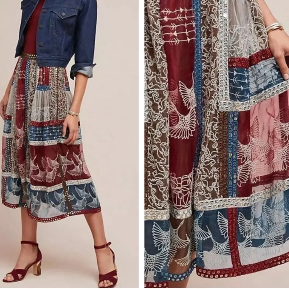 Anthropologie Let Me Be Crane Embroidered 100% Silk Sequin Midi Skirt - Image 2