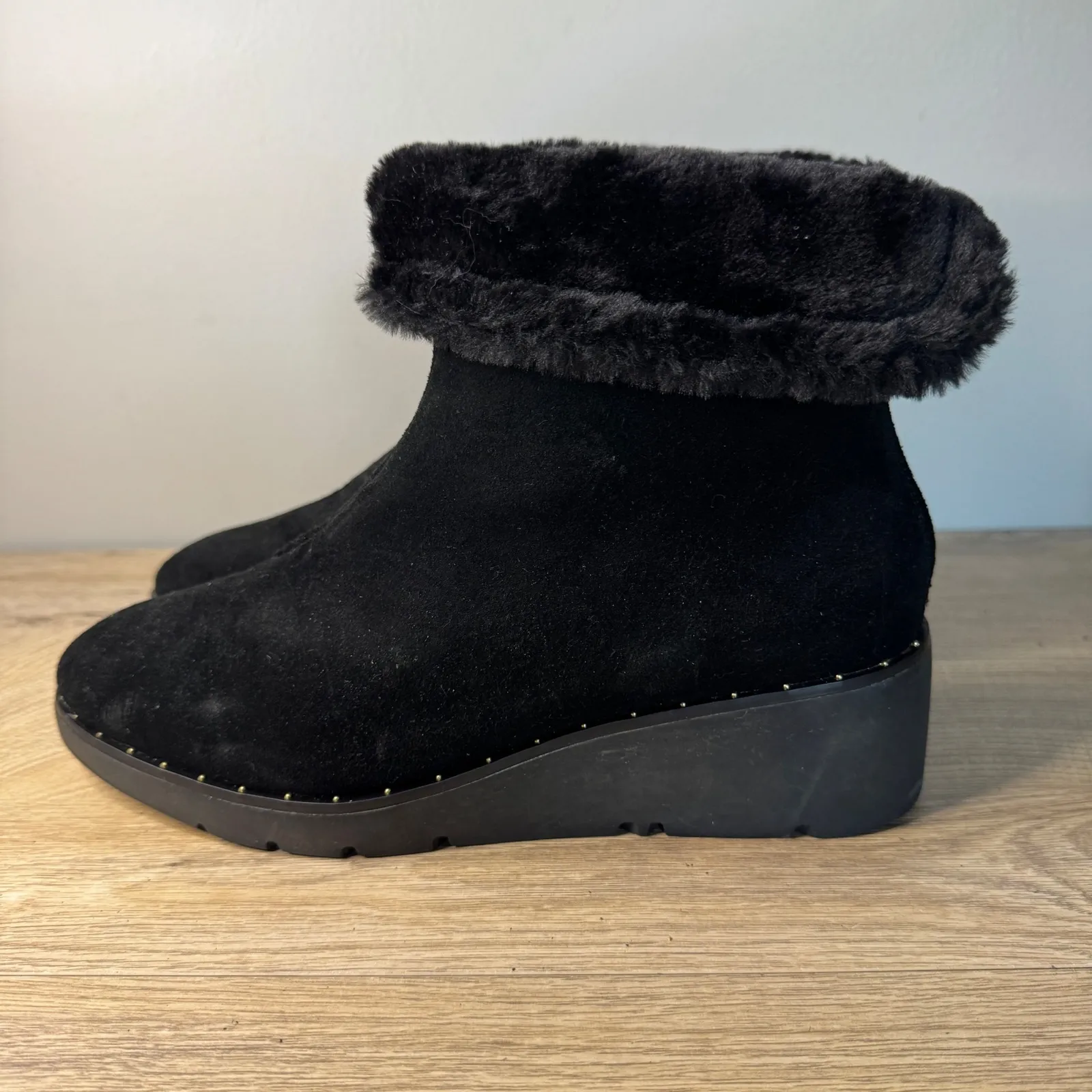 Steven Ankle Boots Bingo Natural Comfort Black‎ Suede Wedge 8.5W Fur Trim Zip Black Size 8.5 - Image 2