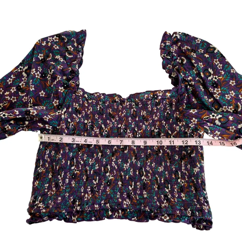 Band of the Free Agathe Purple Boho Floral Print Smocked Long Sleeve Top Medium - Image 4