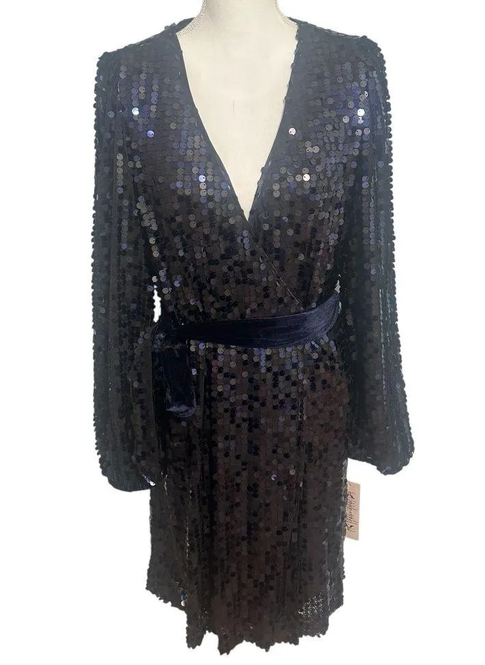 Nanette Lenore Blue/Black Sequin Row LongSleeve Formal Wrap Dress NWT - Image 4