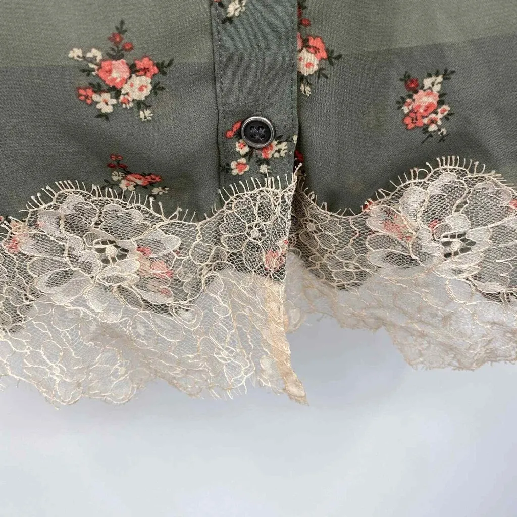 Style & Co Semi Sheer Top Womens XS Floral Green Lace‎ Hem Cottagecore - Image 6