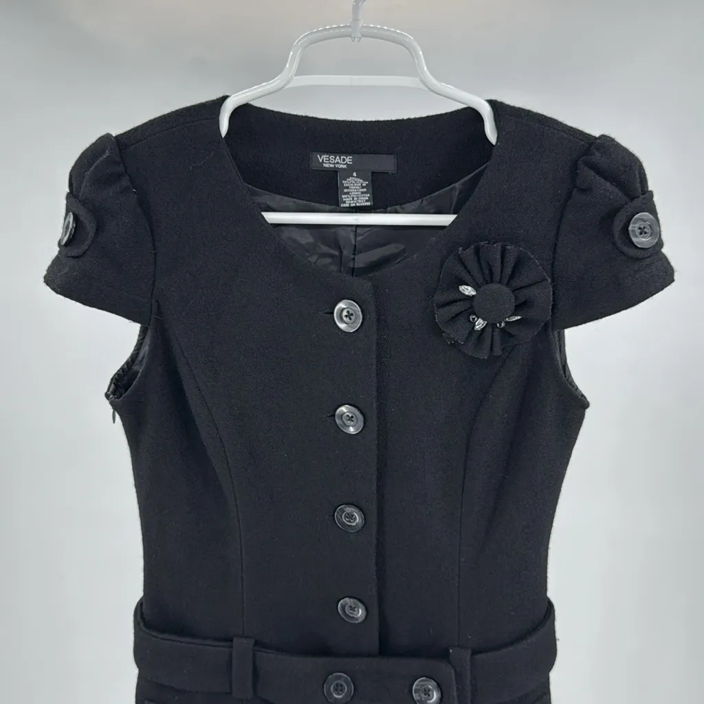 Vesade NY Size 4 Royal Black Wool Blend Dress Chic Mod Button Details flower - Image 8