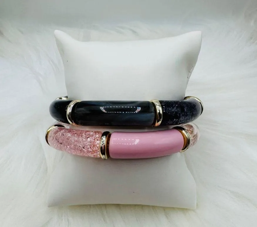 Chic Colorblock Resin Bangle Bracelet 2 pieces set 2 Pink - Image 2
