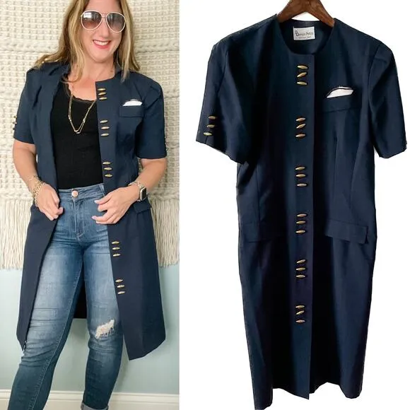 Vintage Mid Century Brass Button Sheath Secretary Dress / Duster size S small Blue - Image 2