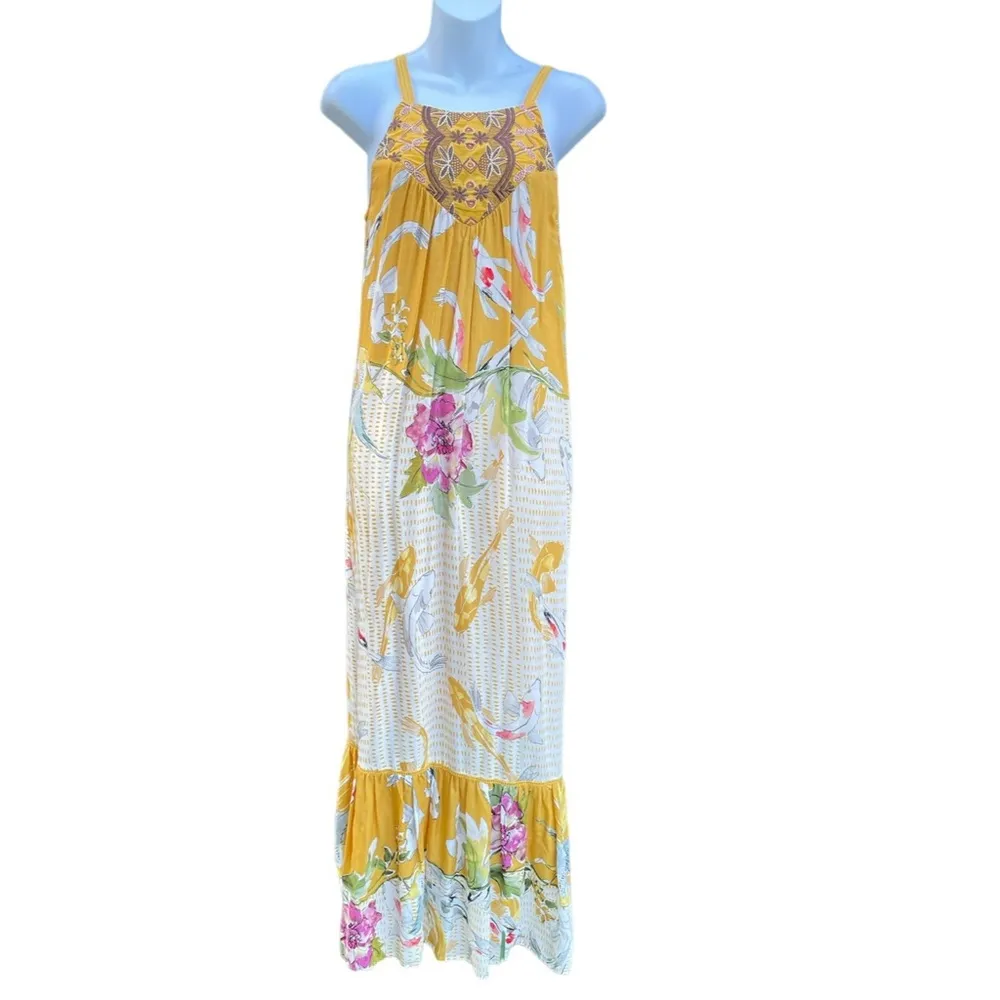 One September Anthropologie Paradiso Gold Koi Embroidery Ruffle Maxi Dress - Image 2