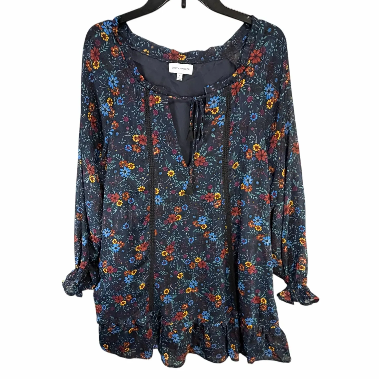 Lost + Wander Mini Dress Women M Navy Blue Floral Blouson Midnight Festival Boho Size M - Image 2