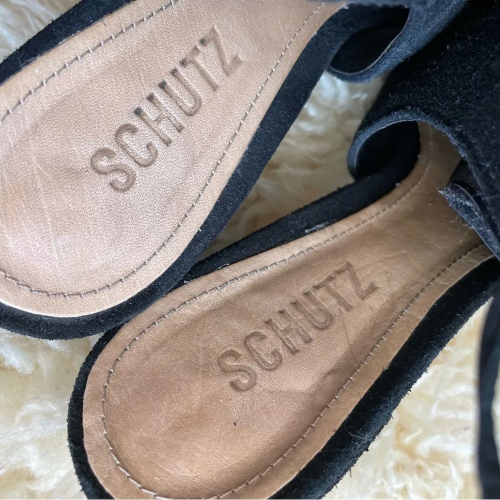 Schutz Binalia Wood block Heels Open peep toe booties tie back black suede - Image 6