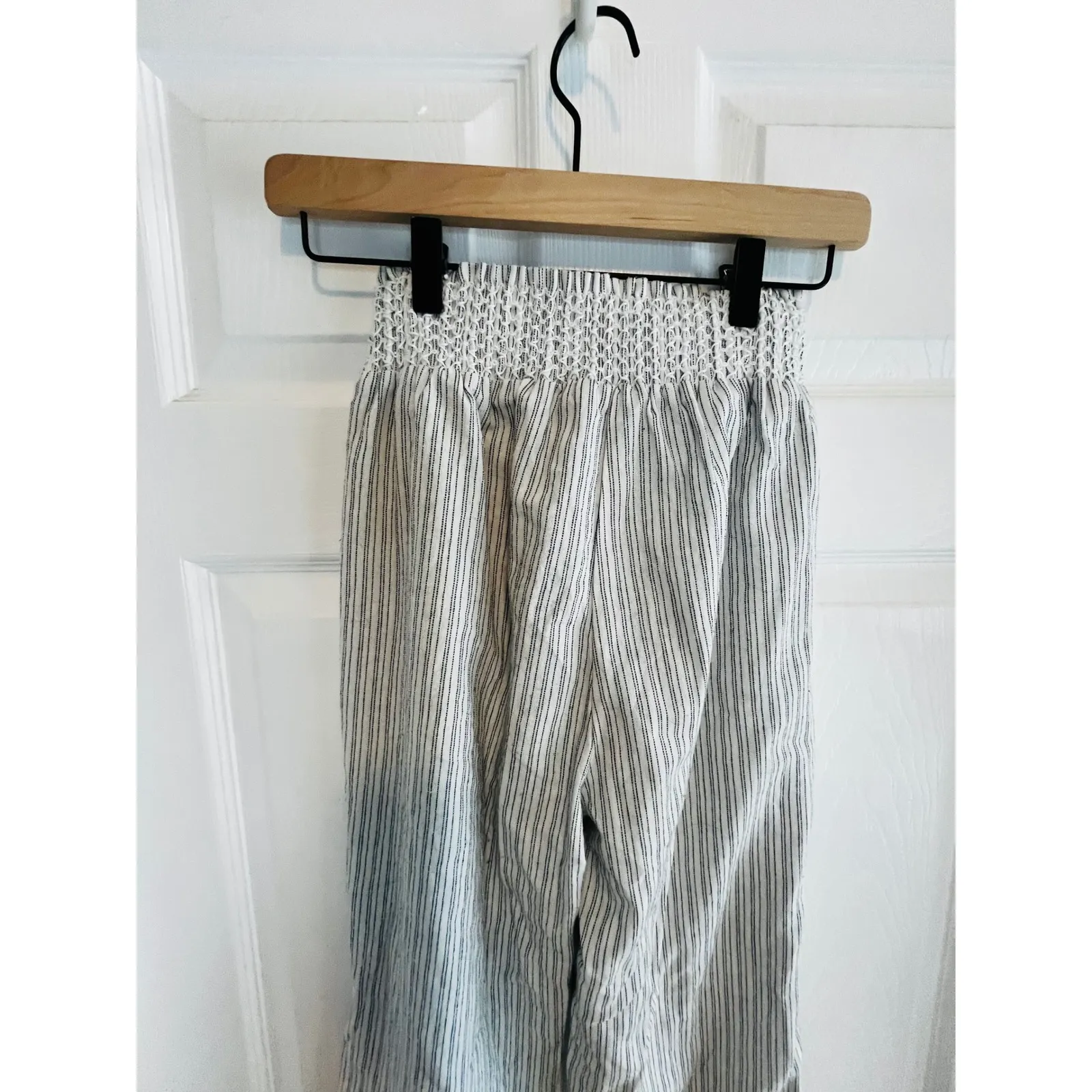 Cotton Blend Striped Smocked Waist Drawstring Boho Wide Leg Pants Size S White - Image 7
