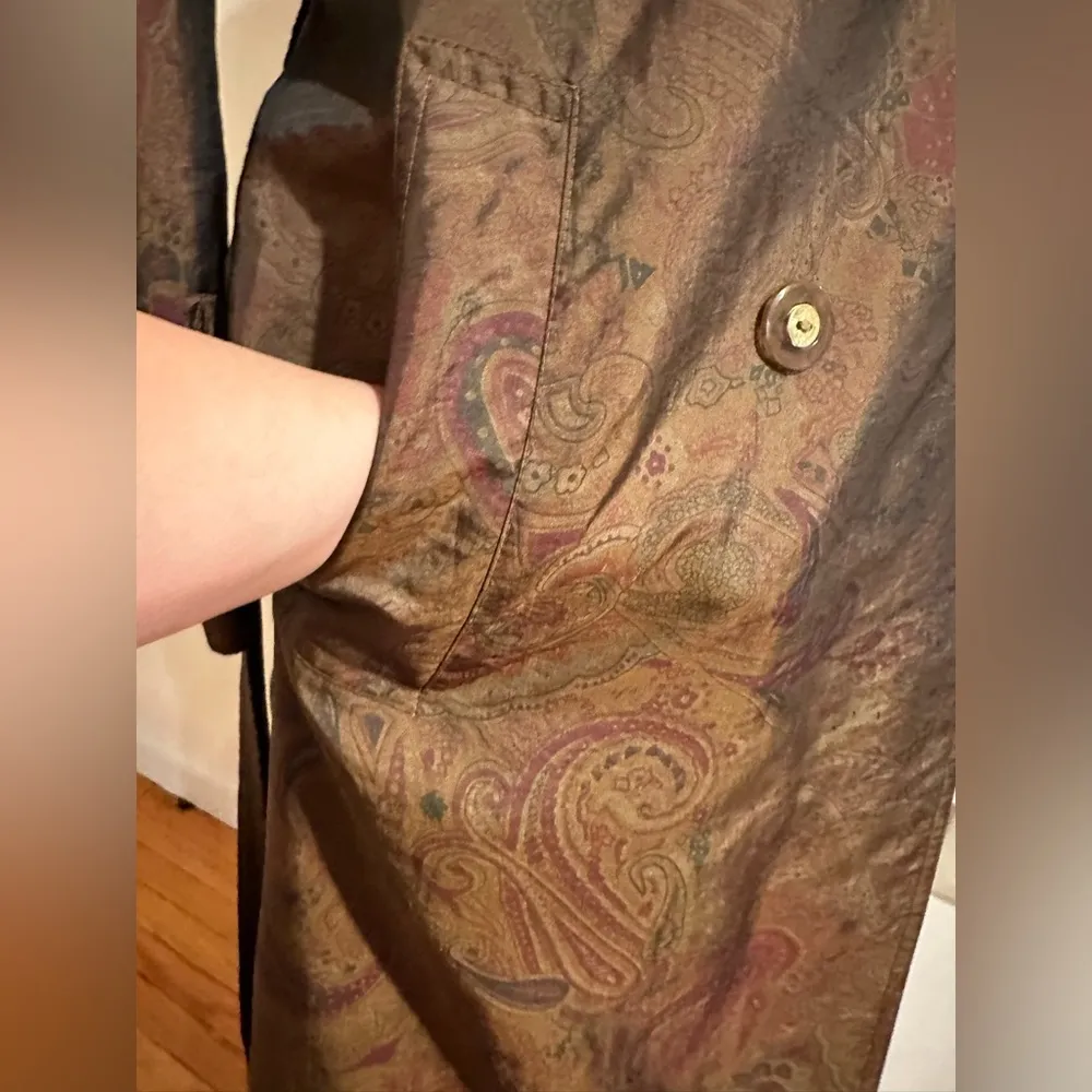 J. Gallery Double Breasted Brown/Green Metallic Paisley Trench Coat Sz 7/8 P - Image 8