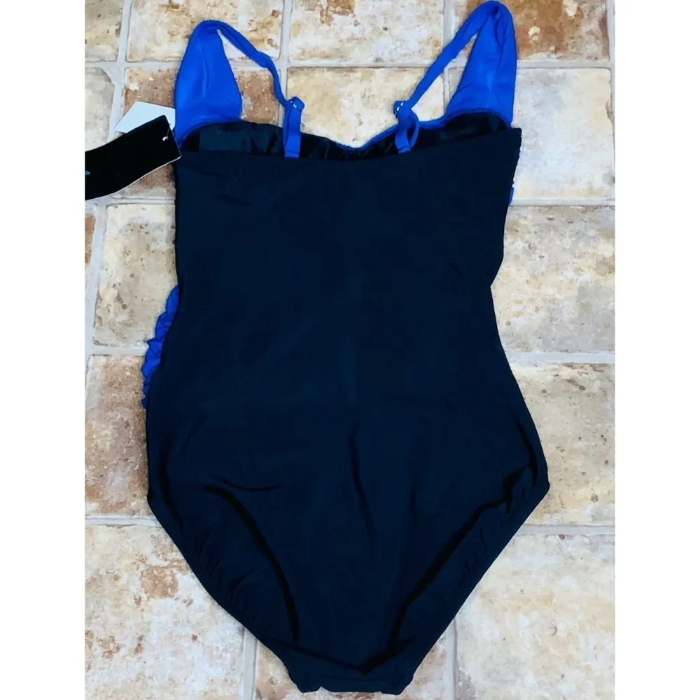 NWT Aqua Green Sapphire Blue & Black Runched One Piece Modest Swimsuit Small - Image 2