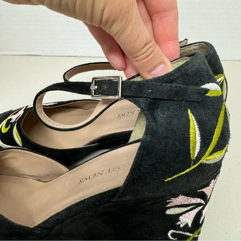 Newport News Black Suede Floral Embroidered Wedge Sandals Womens 8.5 Ankle Strap - Image 9