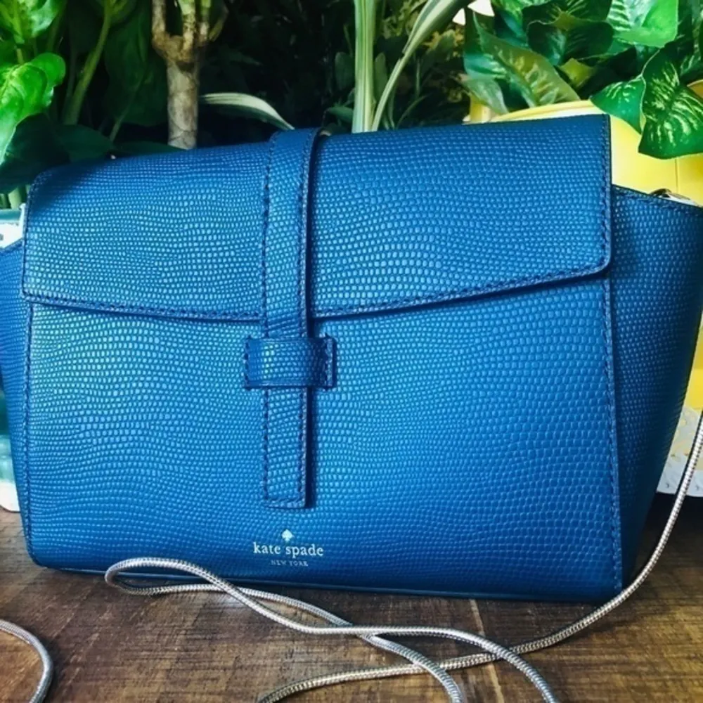 Kate Spade Blue Lizard Embossed Leather Crossbody Gold Chain NWT - Image 5