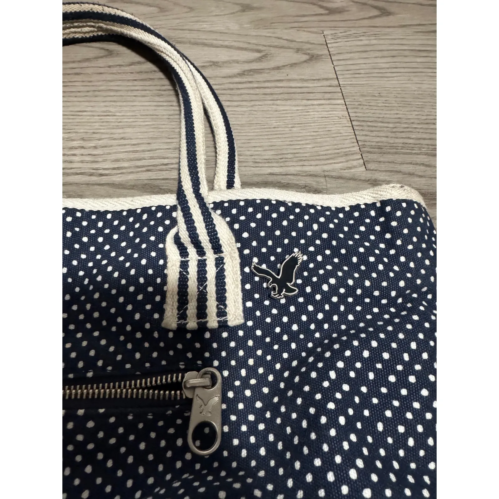 American Eagle Outfitters Navy White Polka Dot Tote Bag AE Signature Tote Travel - Image 2
