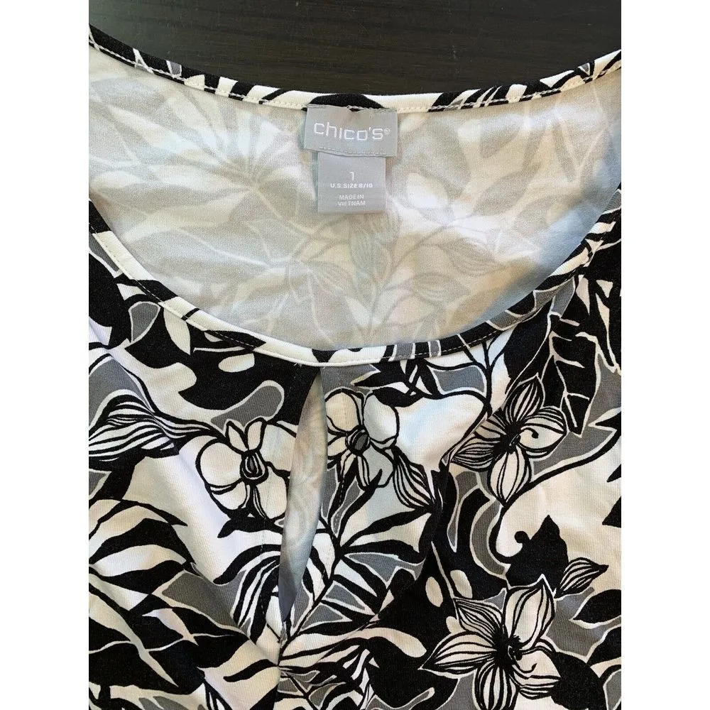 Chicos 1 Maxi Dress Womens Medium Black White Tropical Floral Striped Sleeveless - Image 5