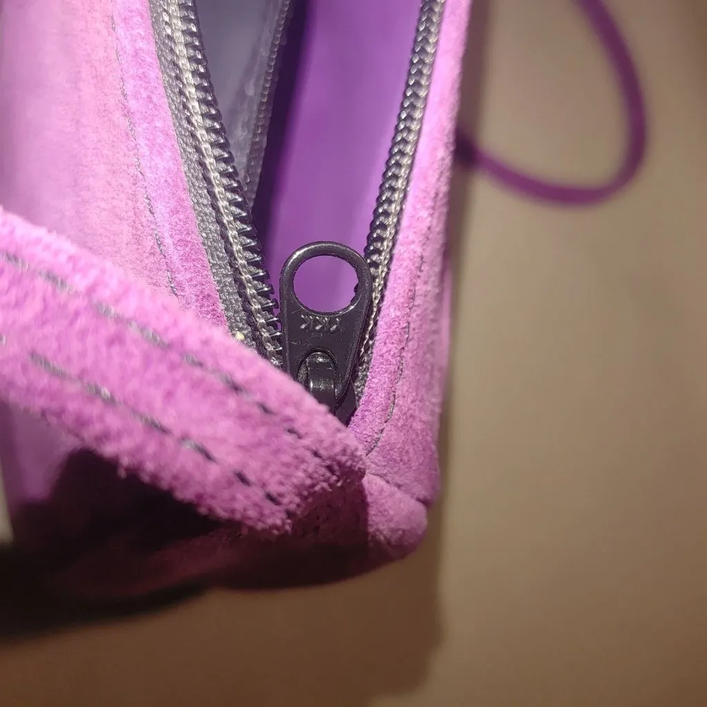 Crossbody Bag Purple Leather Purse Suede Zipper YKK Closure Vintage Compact - Image 6