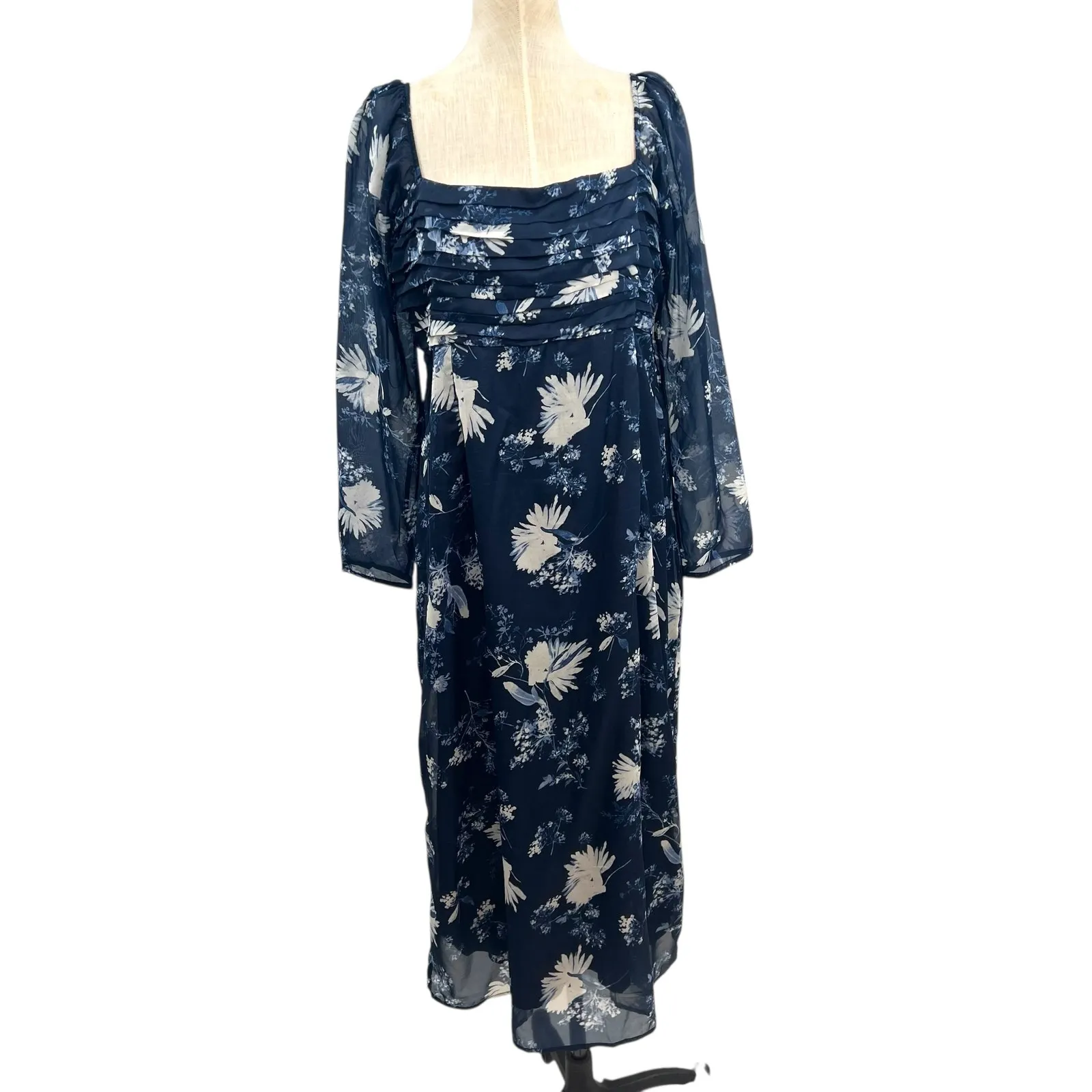 Abercrombie & Fitch Emerson Chiffon Floral Midi Dress Long Sleeve Blue Size XL - Image 2