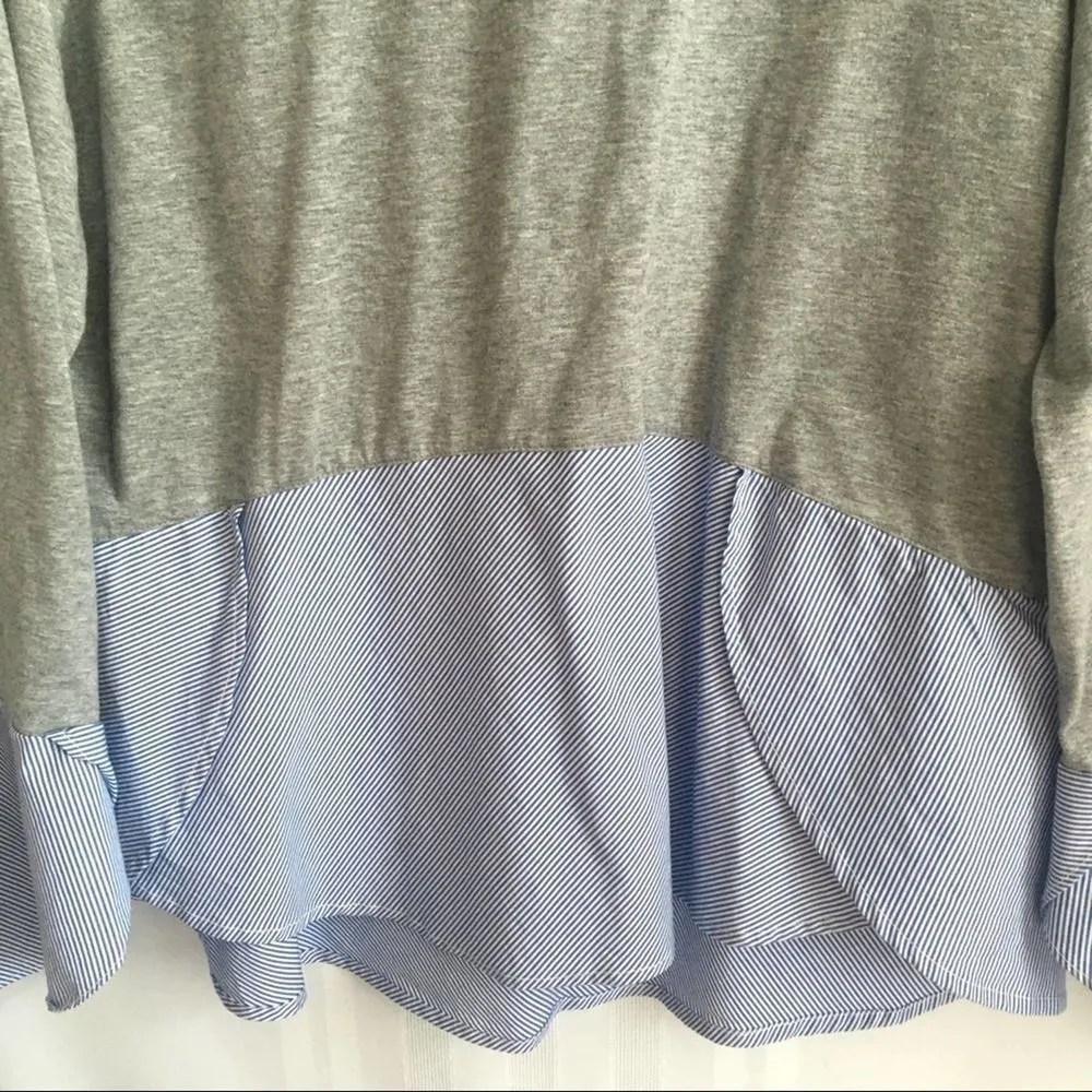 Marled Mixed Media Bell Sleeve Blouse Gray Medium Blue Pinstripe Top Cotton Gray - Image 5