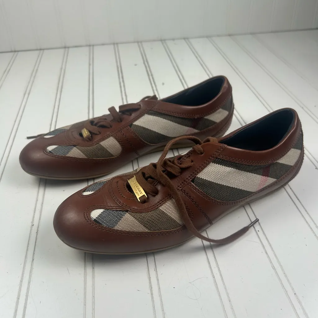 Burberry Brown, Beige Leather Nova Check Canvas Low Top Women’s Sneakers Size 36 - Image 4