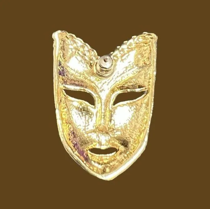 Vintage Theater Mask Brooch Pin Earring set gold tone crystal NWOT Masquerade - Image 3