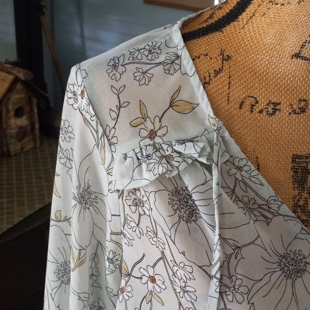 Lovestitch Light Blue Multicolored Floral Print Sheer Bohemian Tassel Blouse - Image 4