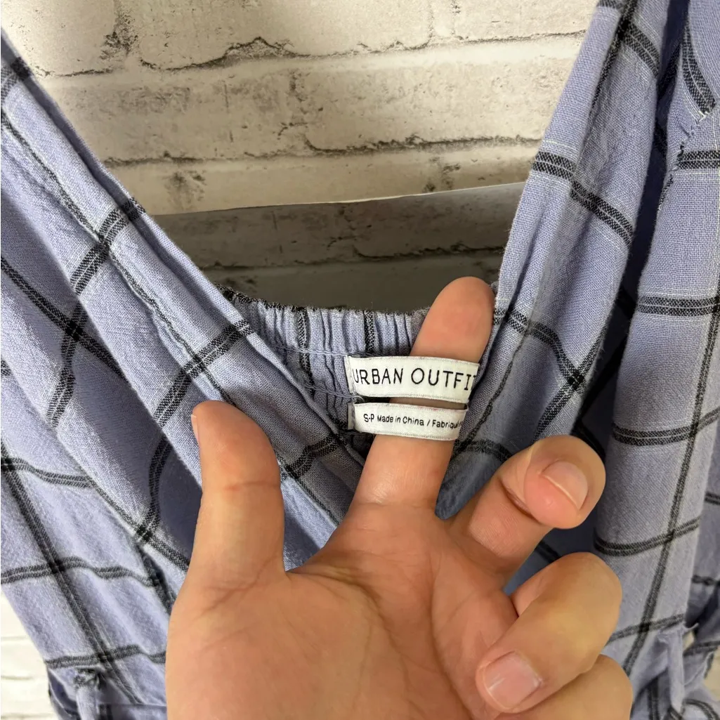Urban Outfitters Light Blue Windowpane Grid Print Surplice Linen Mini Dress - Image 3