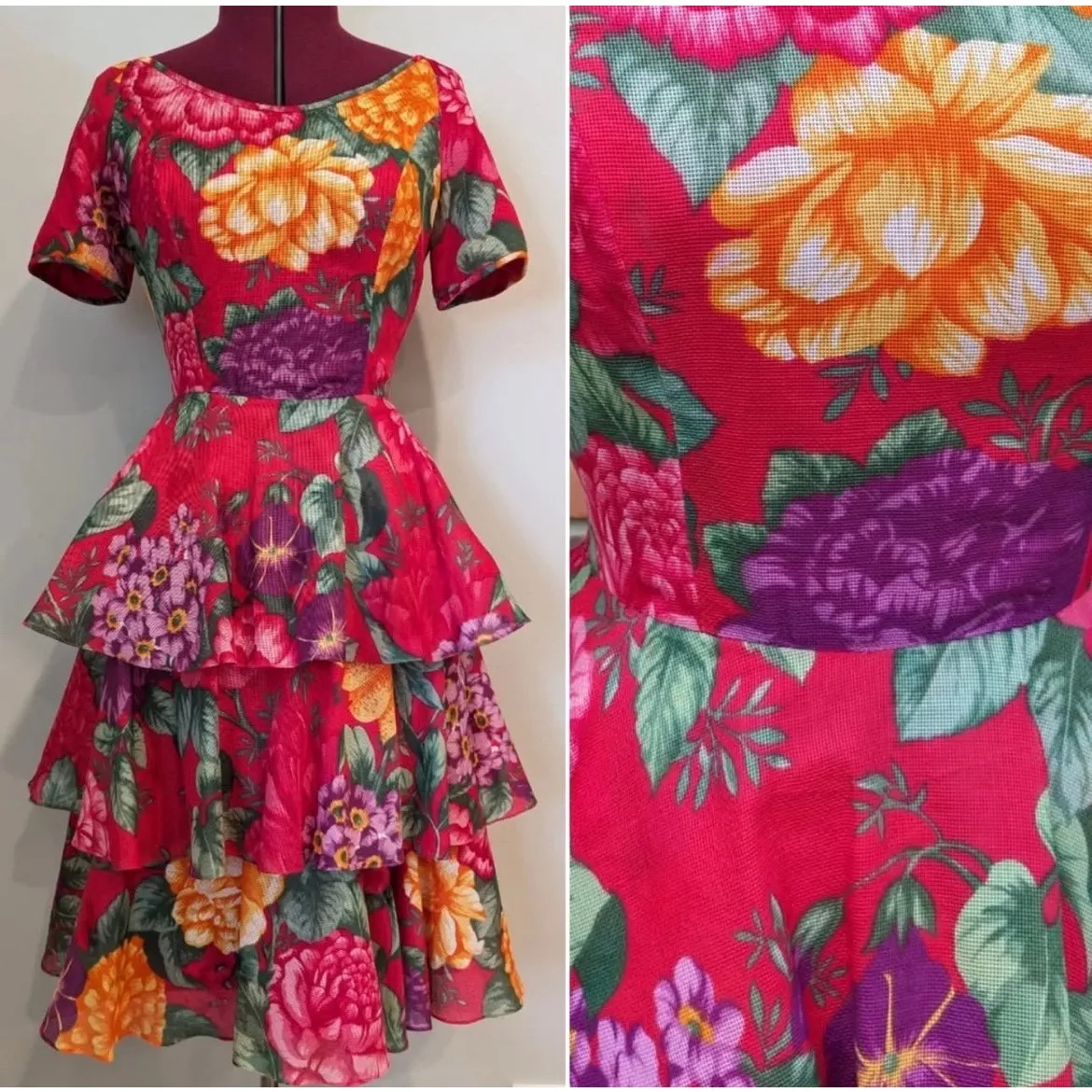 Vintage William Pearson Floral Tiered Tulle Midi Dress Short Sleeve Layers Sz 10 - Image 2