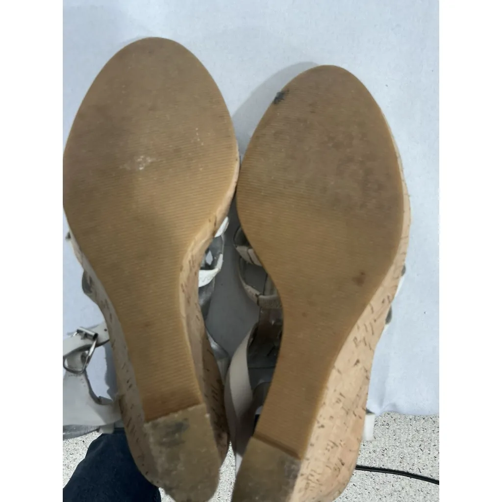 Womans Marc Fisher Strappy Open Toe Sling Back Wedge Heel Sandals White 9 - Image 8