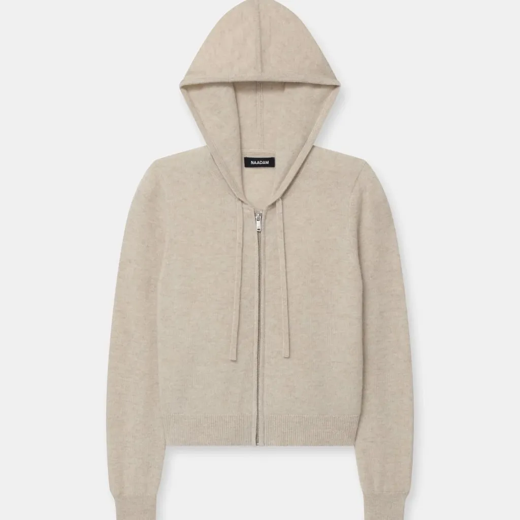Naadam Signature Cashmere Cropped Zip Up Hoodie in Oatmeal, Size Small - Image 5