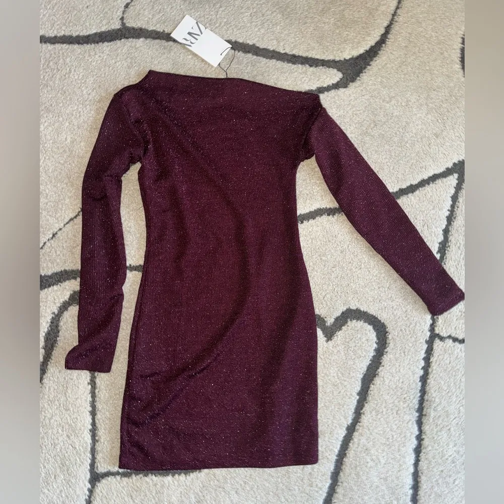 ZARA SHINY ASYMMETRIC DRESS - BURGUNDY - Image 6