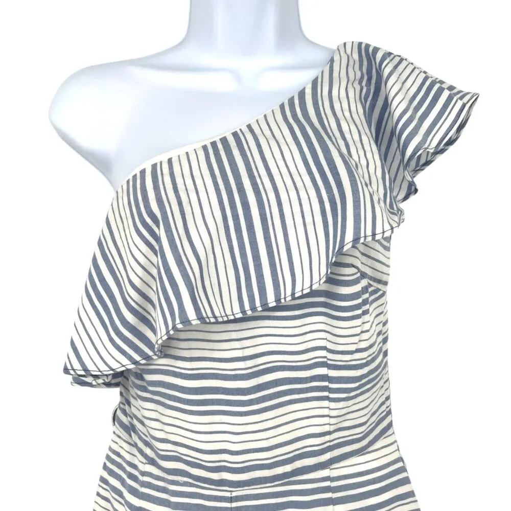 BB Dakota One-Shoulder Striped Ruffle Romper White Blue Size 2 - Image 2