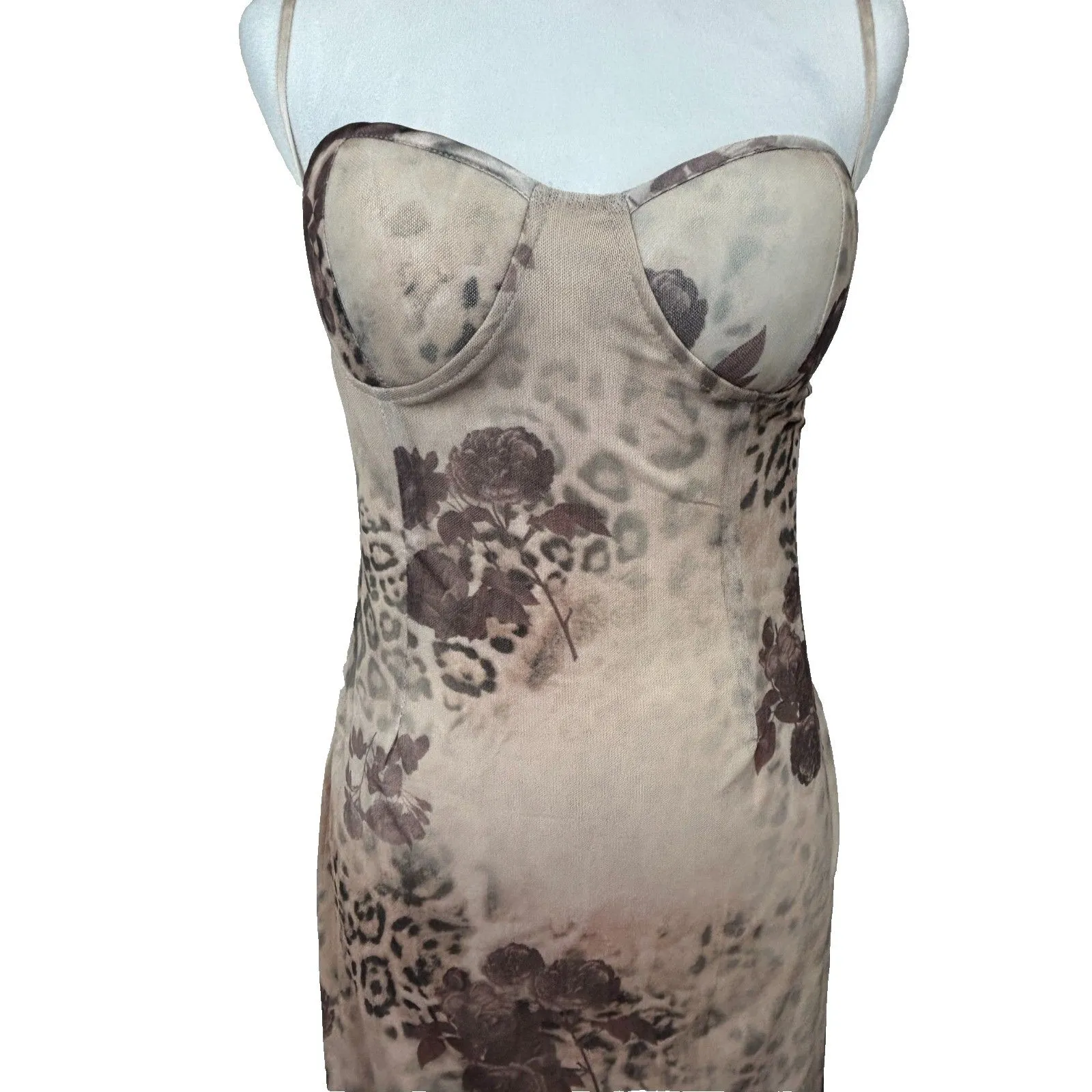 Bodycon Maxi Dress Womens L Cream Floral Mesh Lace Up Y2K Prom Wedding Party Size L - Image 4