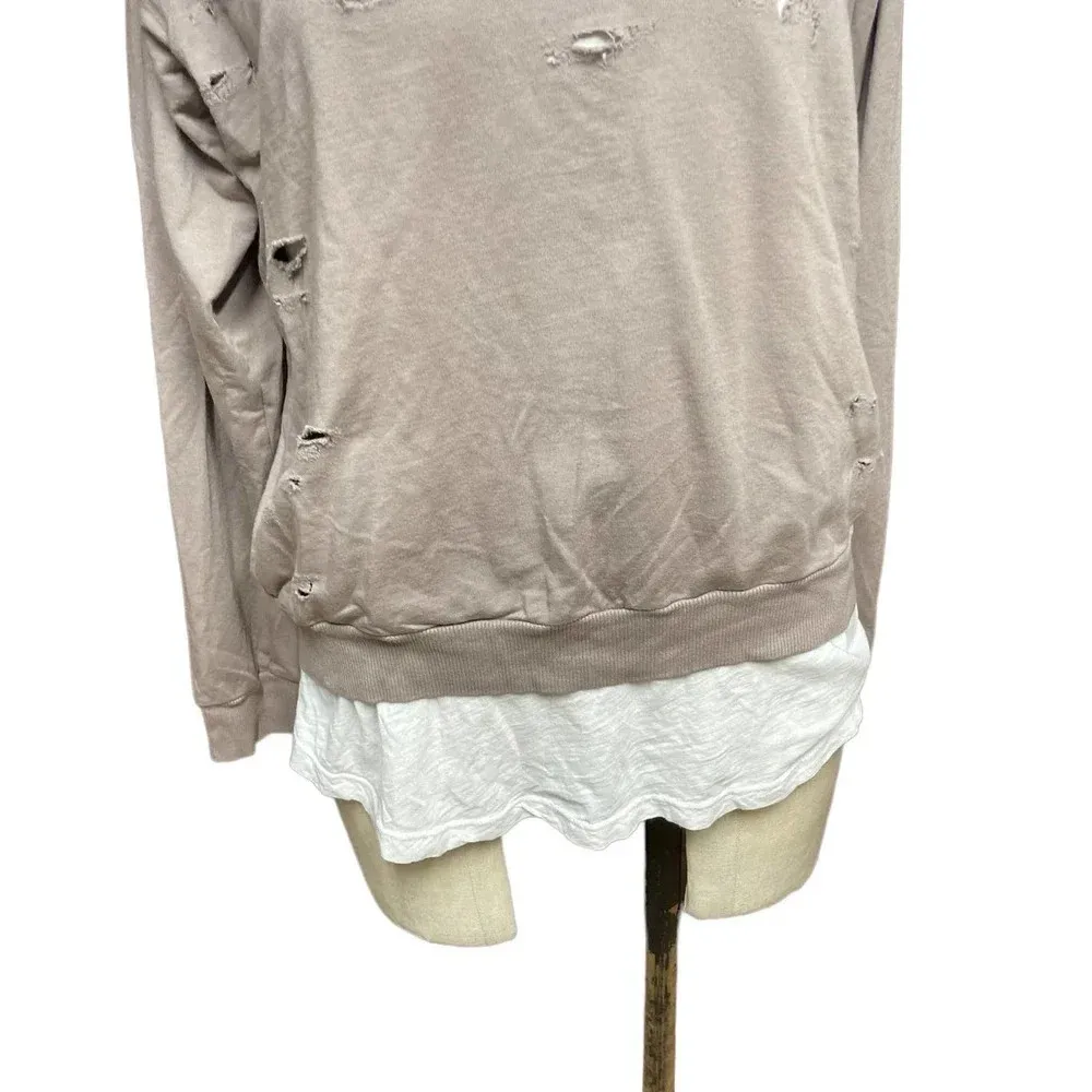 Monrow Distressed Double Layer Sweatshirt Fawn White‎ Size Medium Tan - Image 4