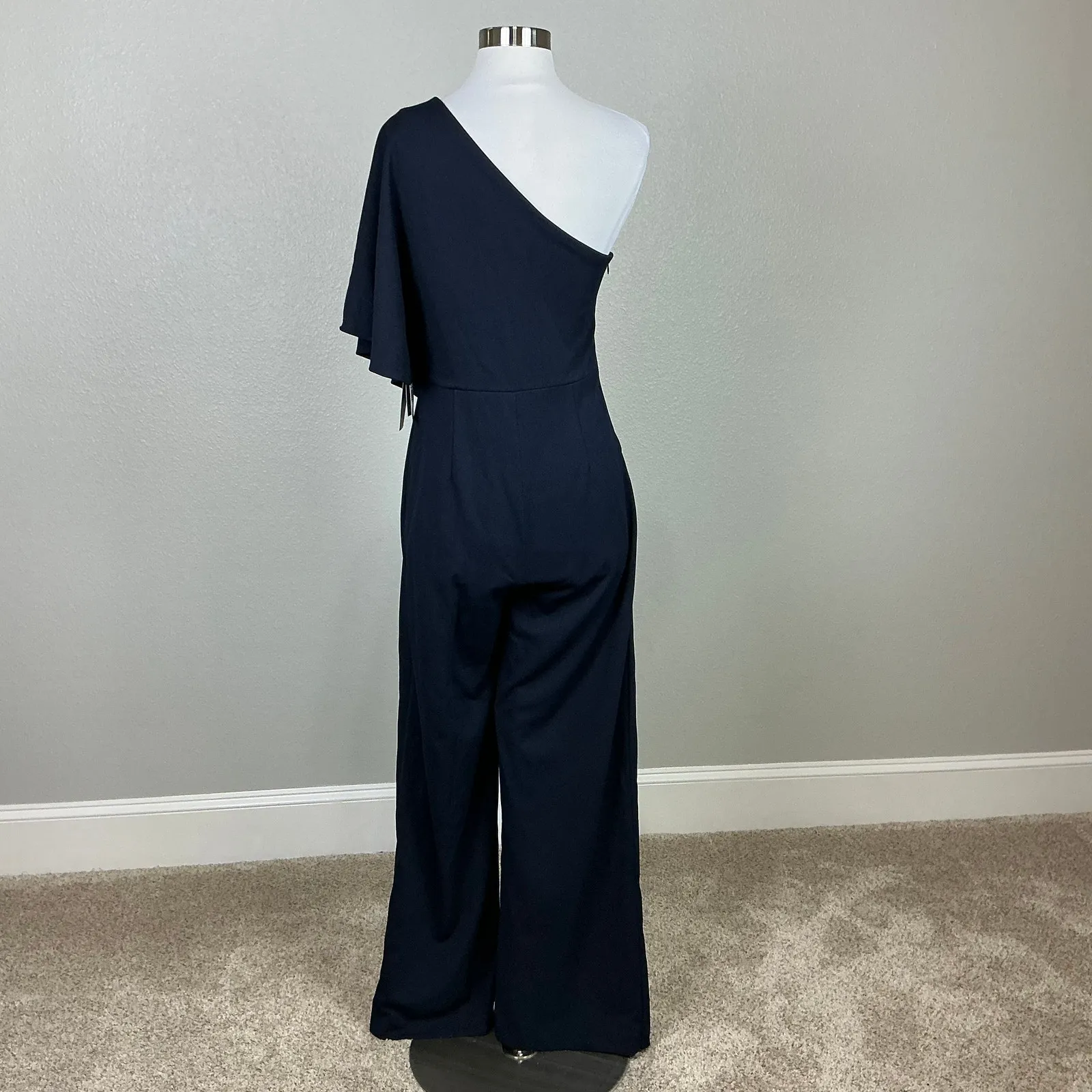 Adrianna Papell Crepe One Shoulder Wide Leg Jumpsuit Midnight Blue Size 4 - Image 6