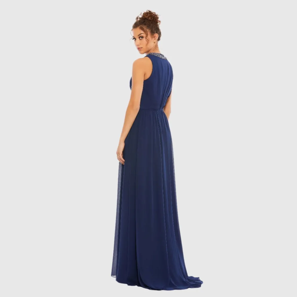 NWT Mac Duggal 55147 Navy Bejeweled Neckline Pleated Chiffon Gown MISMARKED SIZE - Image 5