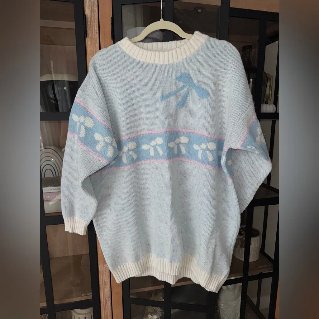 Vintage 80s Pastel Bow Sweater knit crewneck Pullover DELIVERYLtd grandmillenial Blue Size XL - Image 12