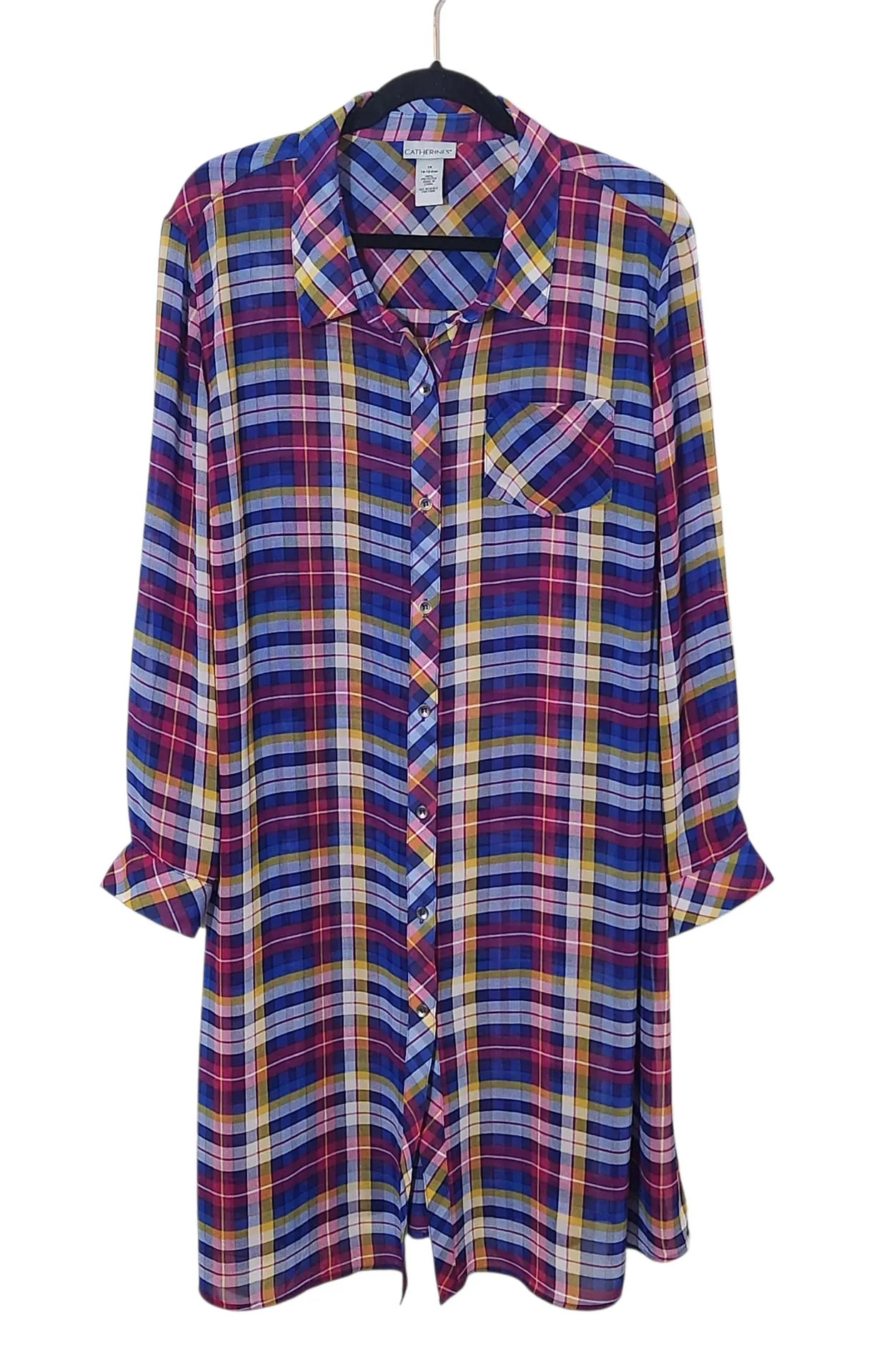 Catherines Blue and Pink Plaid Sheer Button-Down Tunic Size 1X Sheer Plaid Tunic - Image 1