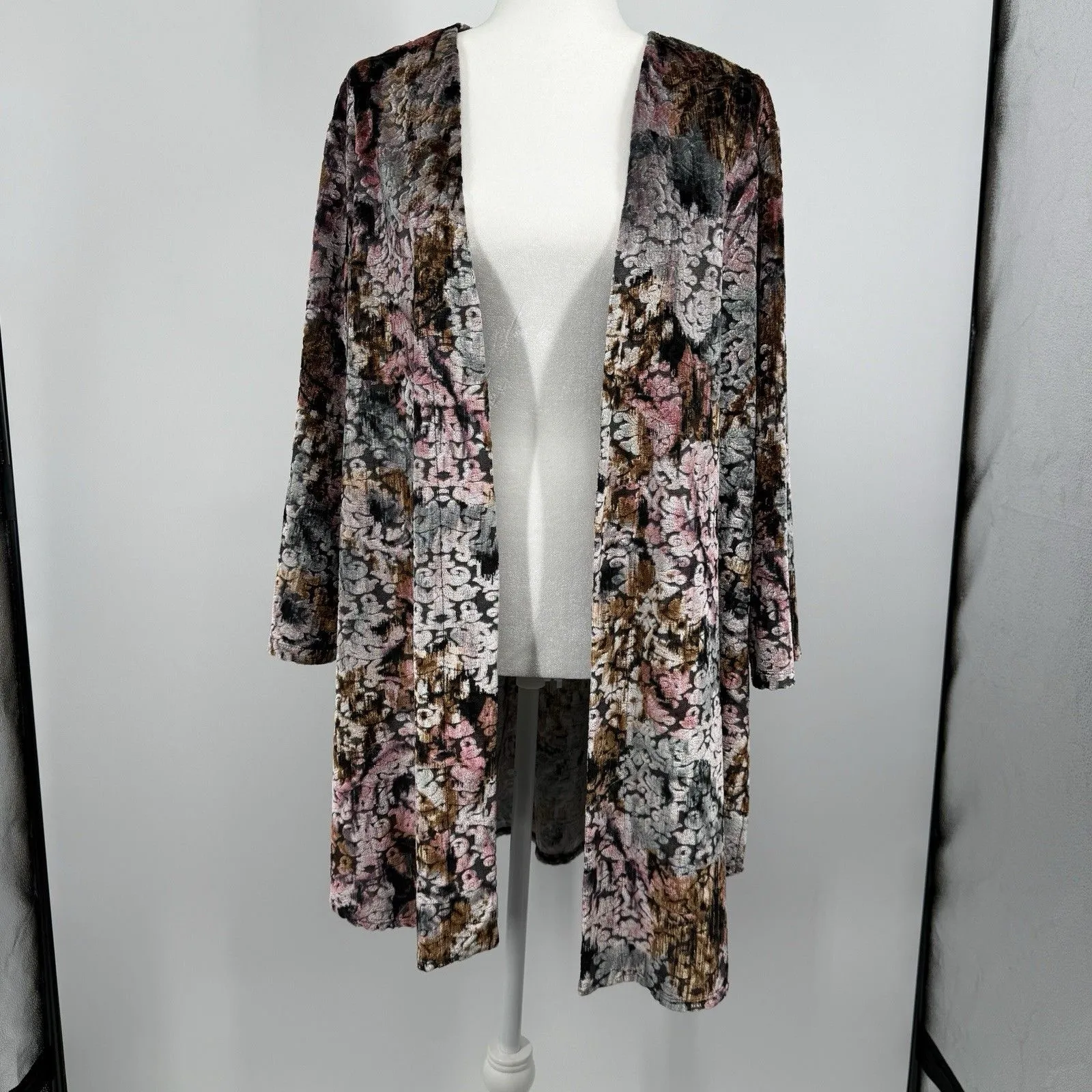 Slinky Brand Womens Floral Burnout Velvet Duster Cardigan Size 1X Open Front - Image 3
