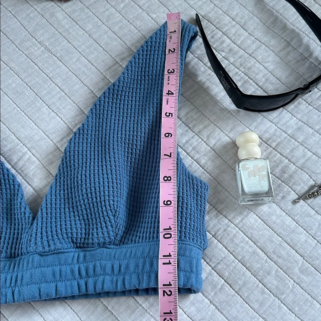 By together blue waffle knit boho comfy sweat v neck lounge bra top L Size L - Image 3