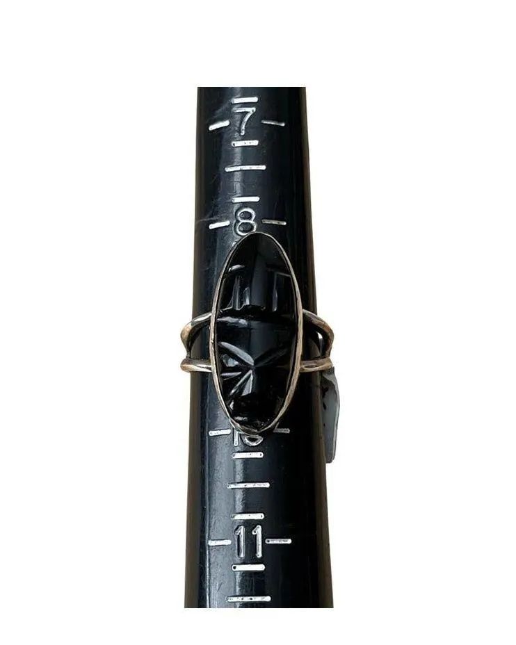 Sterling Silver Carved Face Ring, Vintage Mexican Tribal Jet Face Ring Sz 9.5 - Image 4