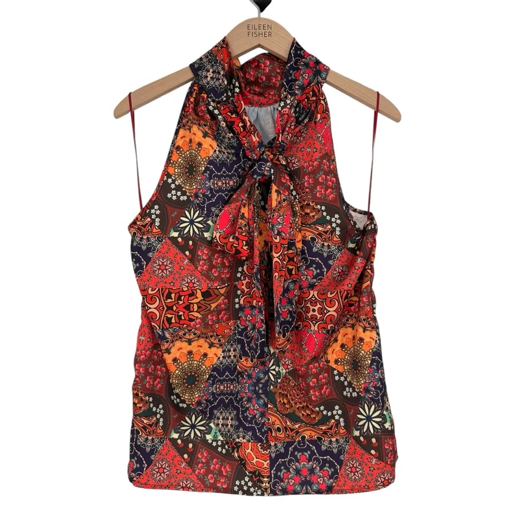 Rachel Zoe Satiny Bandana Print Multicolor Halter Top size Medium Tie Neck Back - Image 6