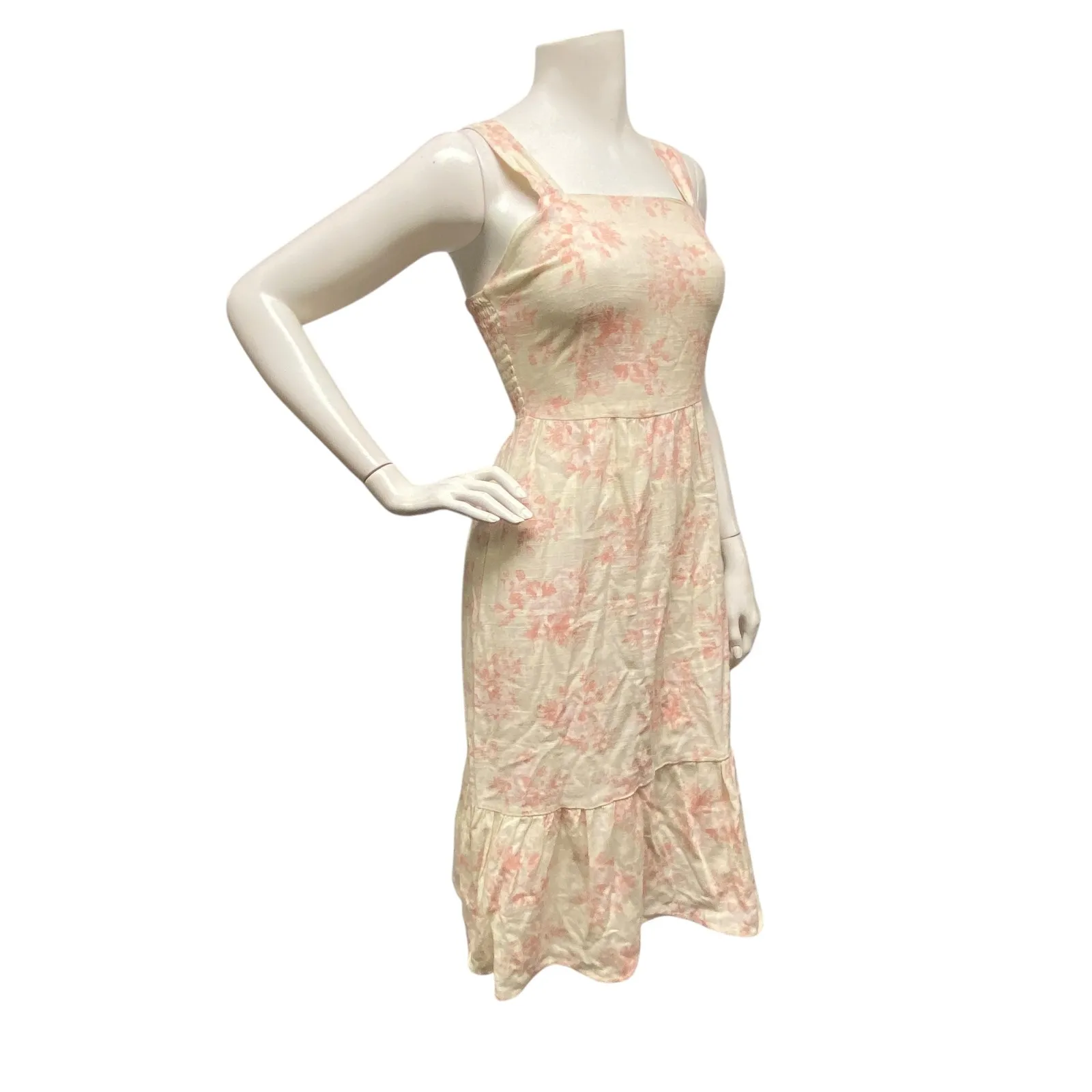 Linen Blend Small Floral Square Neck Smocked Back Tiered Midi Dress Resort wear Pink - Image 2