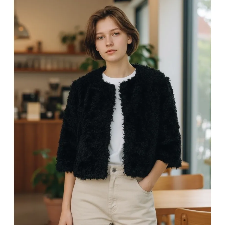 Sashimi Black Faux Fur Cropped Jacket Chic Bolero Coat 3/4 Sleeve Trendy Small # - Image 14