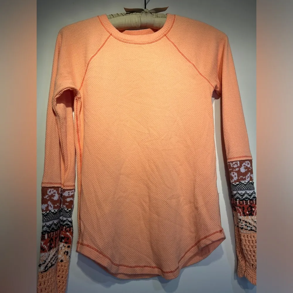 Free People In The Mix Thermal Cuff Tee Rio Orange Long Sleeve Boho Top L - Image 9