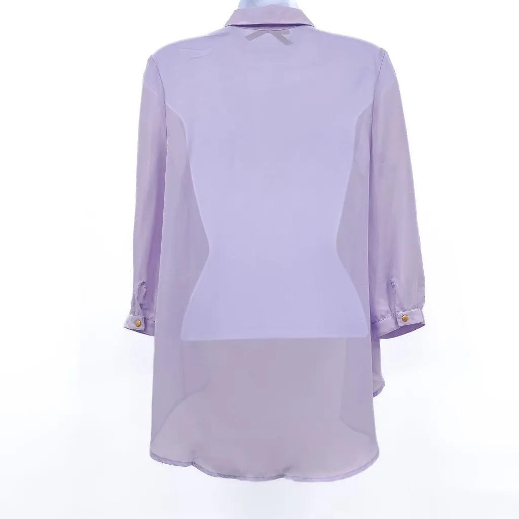Chiffon Sheer Lavender Purple High Low Button Up Collared Shirt Top Blouse - Image 2